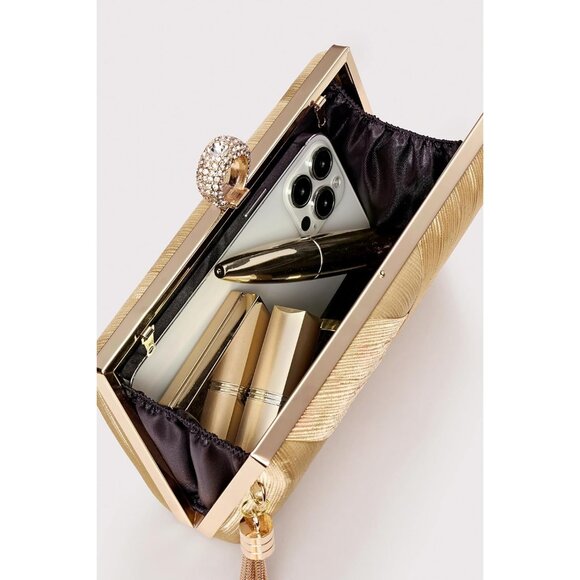 ⚡ Women\'s Gold Tassel Pendant Rhinestones Cross Strap Formal Party Clutch Bag